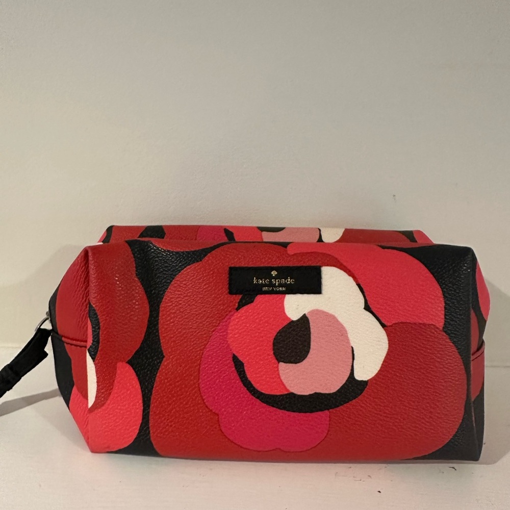 kate spade Red Pink Black Floral Leather Cosmetic Case